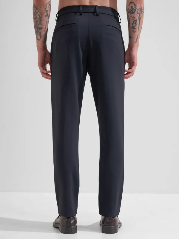 Highlander Men Navy Blue Slim Fit Solid Formal Trouser