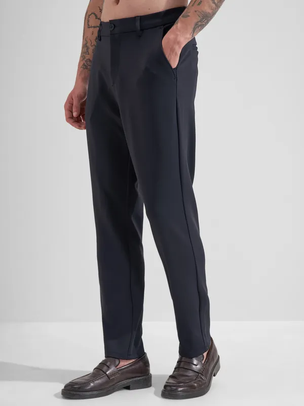 Highlander Men Navy Blue Slim Fit Solid Formal Trouser