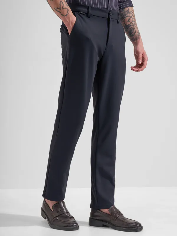 Highlander Men Navy Blue Slim Fit Solid Formal Trouser