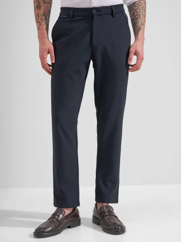 Highlander Men Navy Blue Slim Fit Solid Formal Trouser