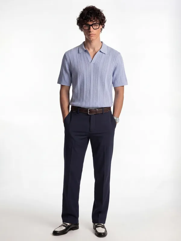 Highlander Men Navy Blue Slim Fit Solid Formal Trouser