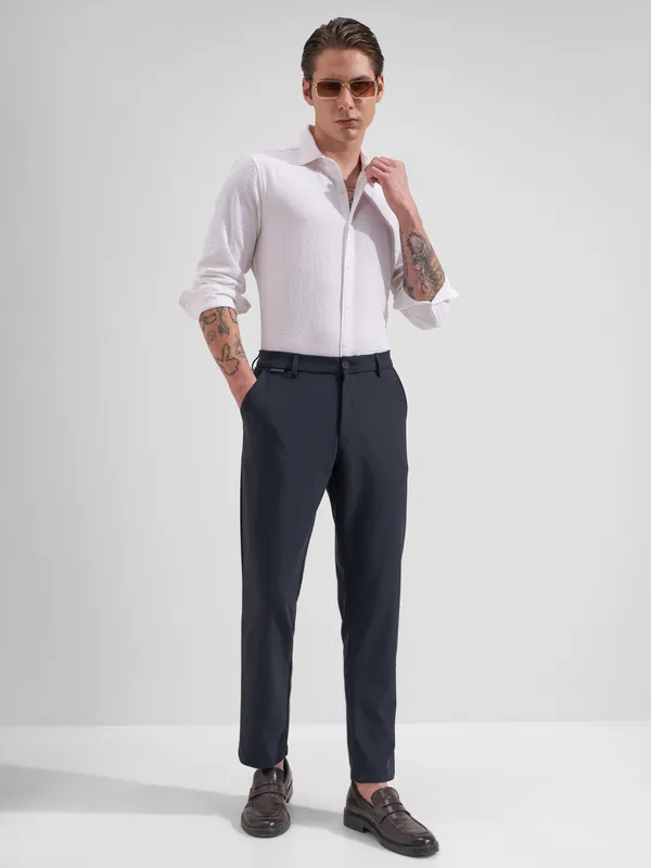 Highlander Men Navy Blue Slim Fit Solid Formal Trouser