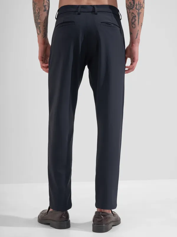 Highlander Men Navy Blue Slim Fit Solid Formal Trouser