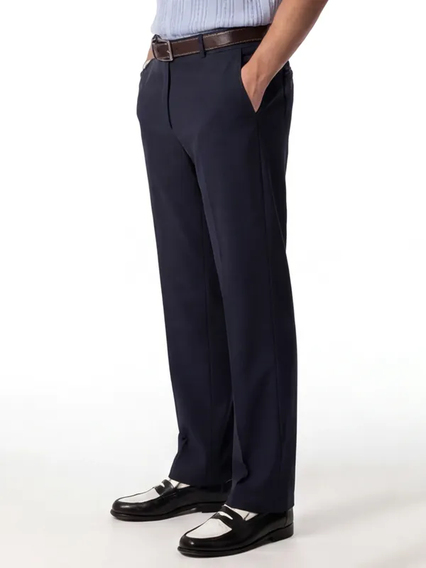 Highlander Men Navy Blue Slim Fit Solid Formal Trouser