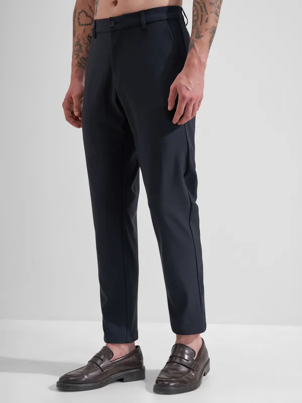 Highlander Men Navy Blue Slim Fit Solid Formal Trouser