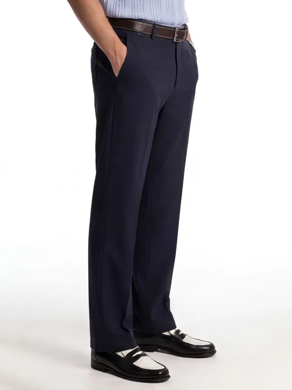 Highlander Men Navy Blue Slim Fit Solid Formal Trouser