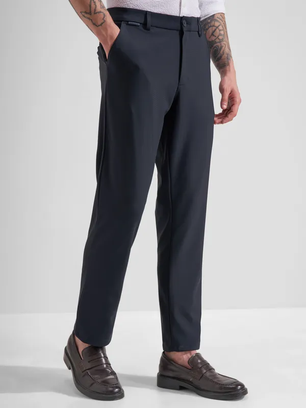 Highlander Men Navy Blue Slim Fit Solid Formal Trouser