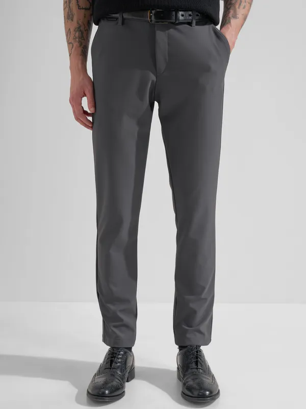 Highlander Men Charcoal Slim Fit Solid Formal Trouser