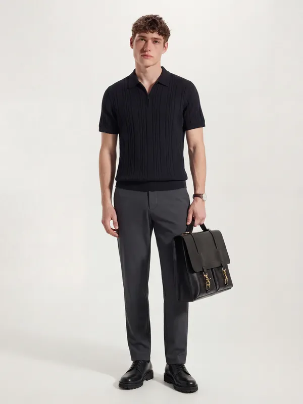 Highlander Men Charcoal Slim Fit Solid Formal Trouser