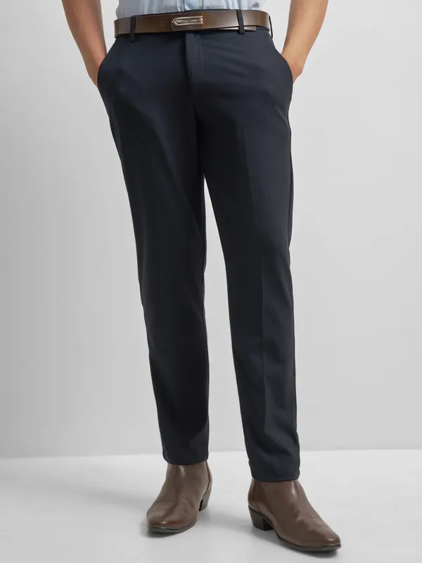 Highlander Men Navy Blue Slim Fit Solid Formal Trouser