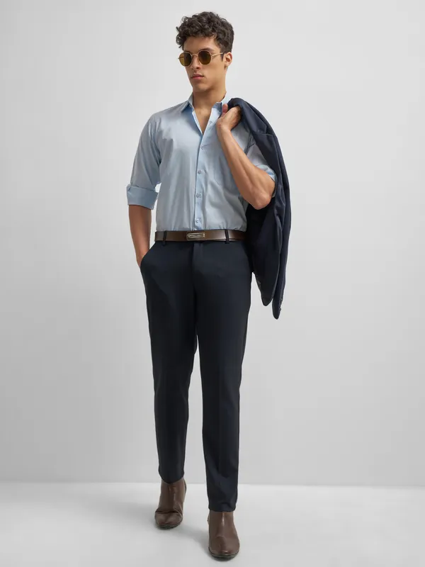 Highlander Men Navy Blue Slim Fit Solid Formal Trouser