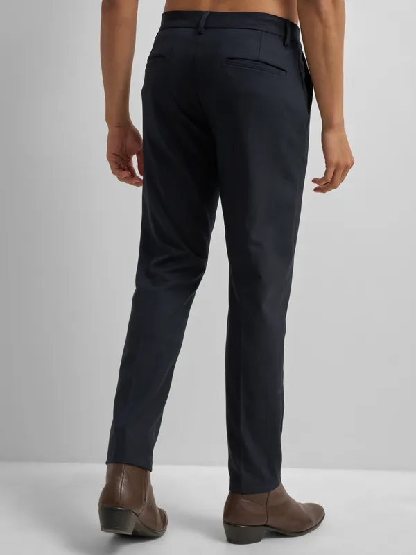 Highlander Men Navy Blue Slim Fit Solid Formal Trouser