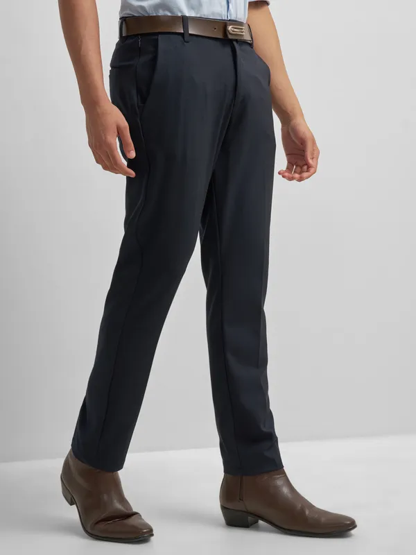 Highlander Men Navy Blue Slim Fit Solid Formal Trouser
