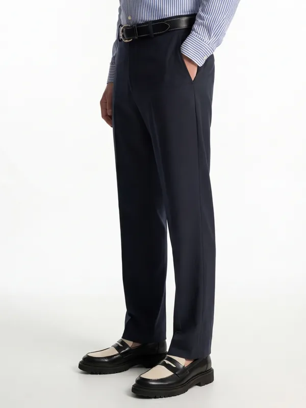 Highlander Men Navy Blue Slim Fit Solid Formal Trouser