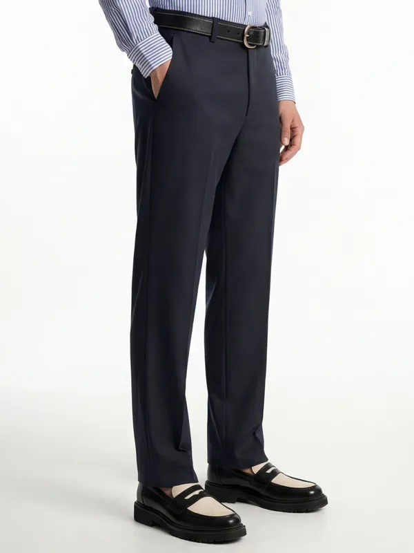 Highlander Men Navy Blue Slim Fit Solid Formal Trouser