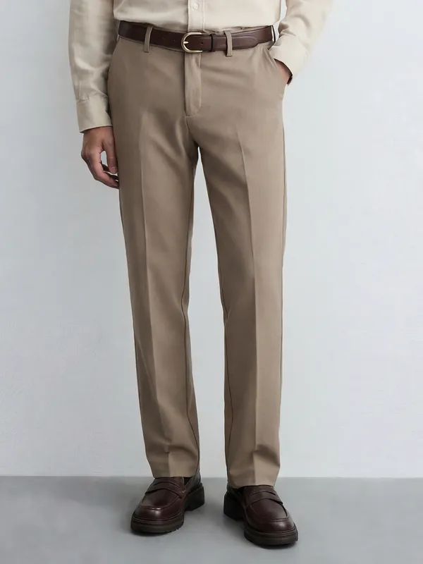 Highlander Men Khaki Slim Fit Solid Formal Trouser