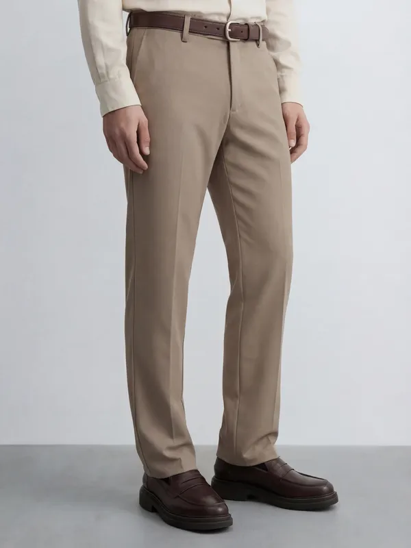 Highlander Men Khaki Slim Fit Solid Formal Trouser