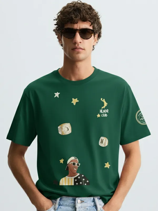 Highlander Men Green Printed Round Neck Oversized Fit T-Shirt