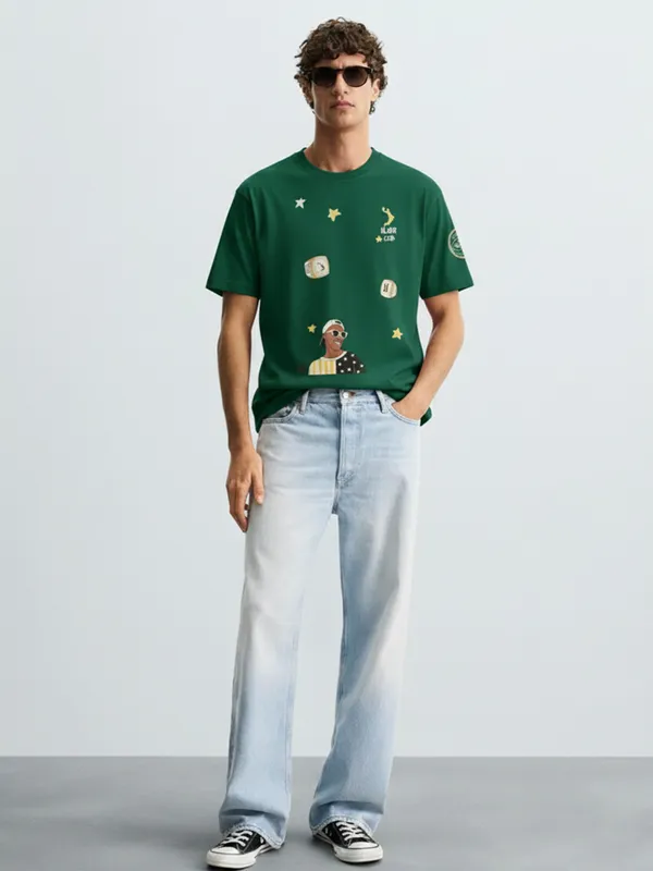 Highlander Men Green Printed Round Neck Oversized Fit T-Shirt