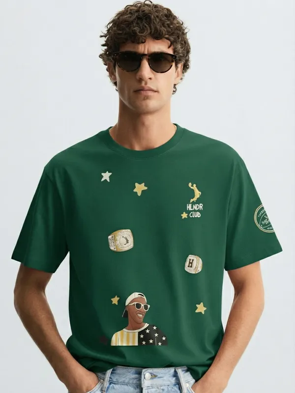 Highlander Men Green Printed Round Neck Oversized Fit T-Shirt