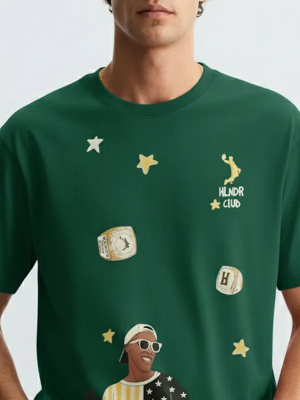 Highlander Men Green Printed Round Neck Oversized Fit T-Shirt