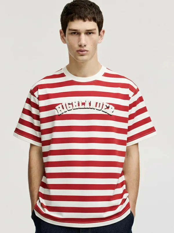 Highlander Men Off White Striped Round Neck Oversized Fit T-Shirt