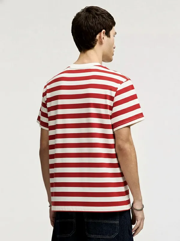 Highlander Men Off White Striped Round Neck Oversized Fit T-Shirt