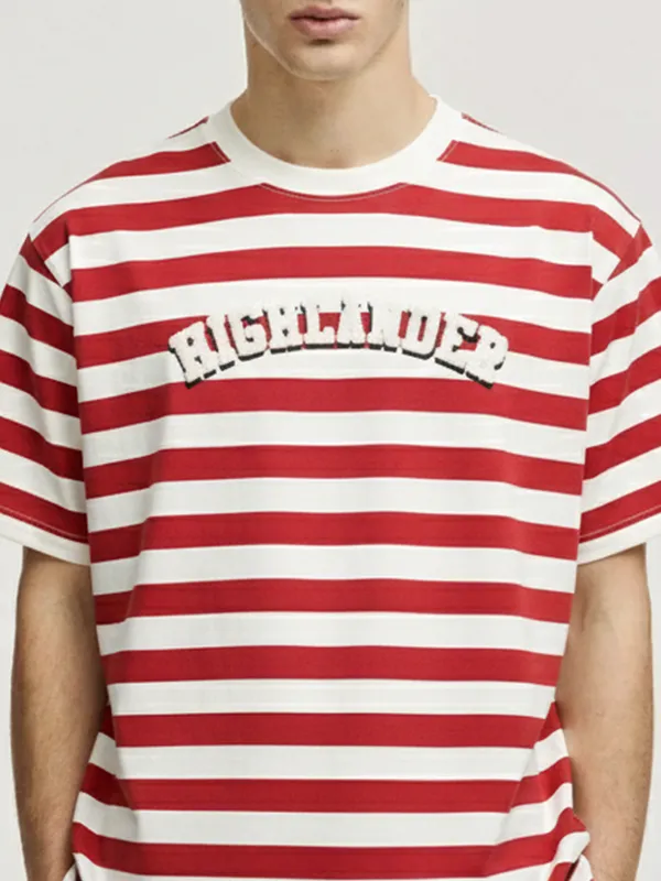 Highlander Men Off White Striped Round Neck Oversized Fit T-Shirt