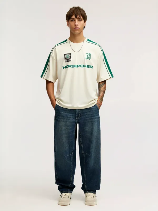 Highlander Men Cream Printed Round Neck Oversized Fit T-Shirt