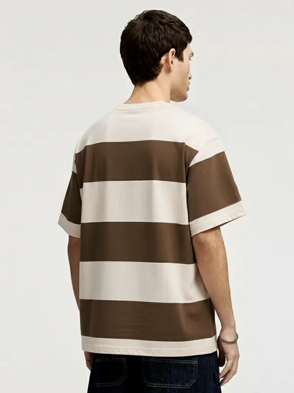 Highlander Men Cream Colourblocked Round Neck Oversized Fit T-Shirt