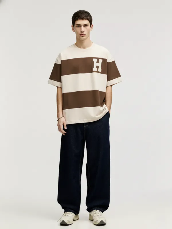 Highlander Men Cream Colourblocked Round Neck Oversized Fit T-Shirt