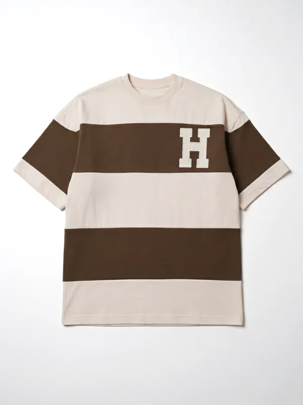 Highlander Men Cream Colourblocked Round Neck Oversized Fit T-Shirt