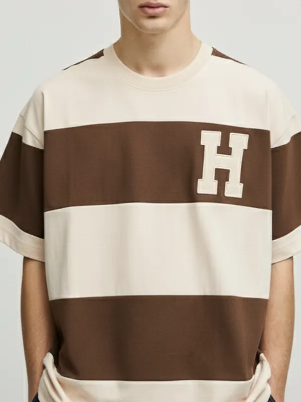 Highlander Men Cream Colourblocked Round Neck Oversized Fit T-Shirt