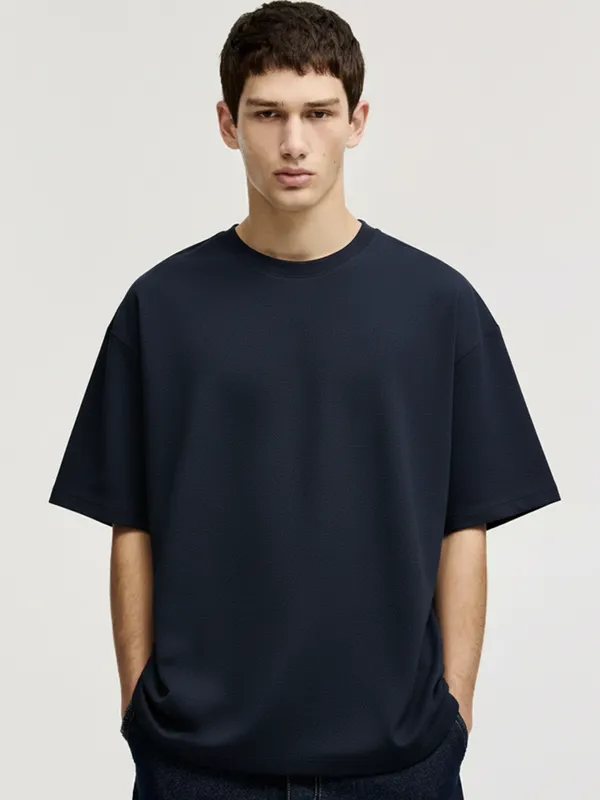 Highlander Men Navy Blue Self Design Round Neck Oversized Fit T-Shirt