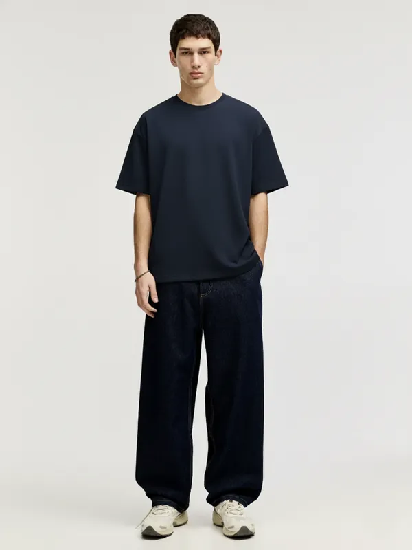 Highlander Men Navy Blue Self Design Round Neck Oversized Fit T-Shirt