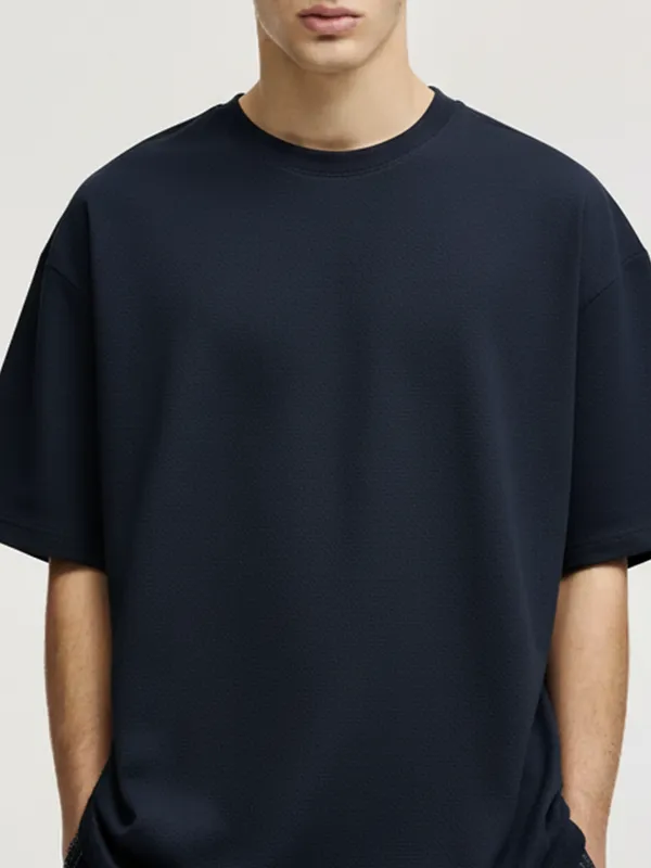 Highlander Men Navy Blue Self Design Round Neck Oversized Fit T-Shirt
