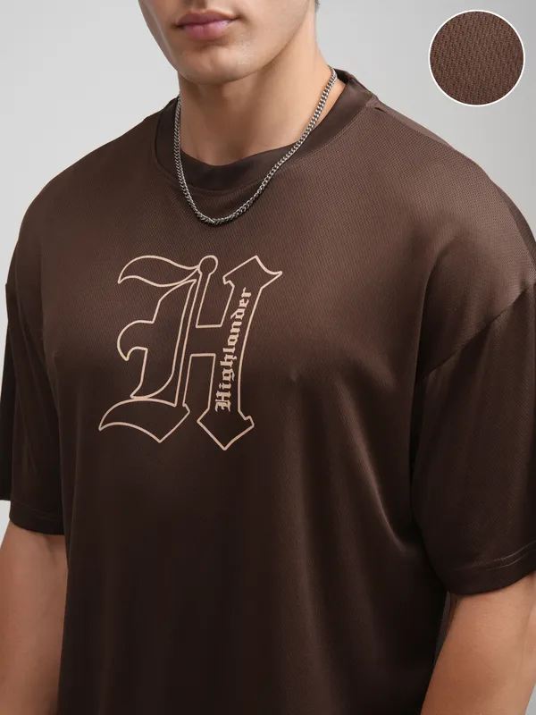 Highlander Men Brown Printed Round Neck Oversized Fit T-Shirt