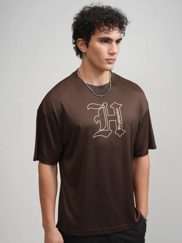 Highlander Men Brown Printed Round Neck Oversized Fit T-Shirt
