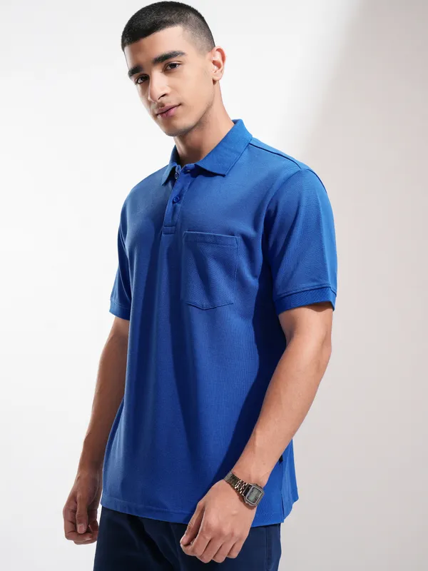 Highlander Men Blue Solid Polo Collar T-Shirt