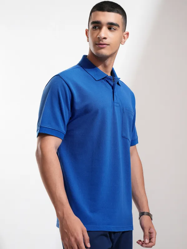 Highlander Men Blue Solid Polo Collar T-Shirt