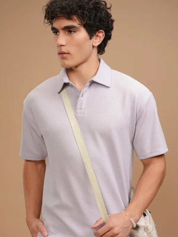 Highlander Men Mauve Self Design Polo Collar T-Shirt