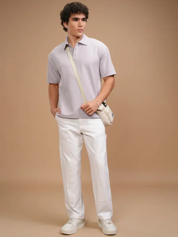 Highlander Men Mauve Self Design Polo Collar T-Shirt