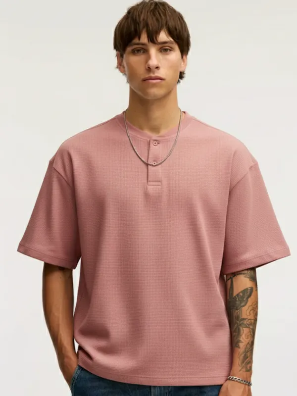 Highlander Men Peach Self Design Henley Neck T-Shirt