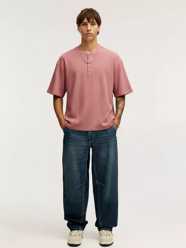 Highlander Men Peach Self Design Henley Neck T-Shirt