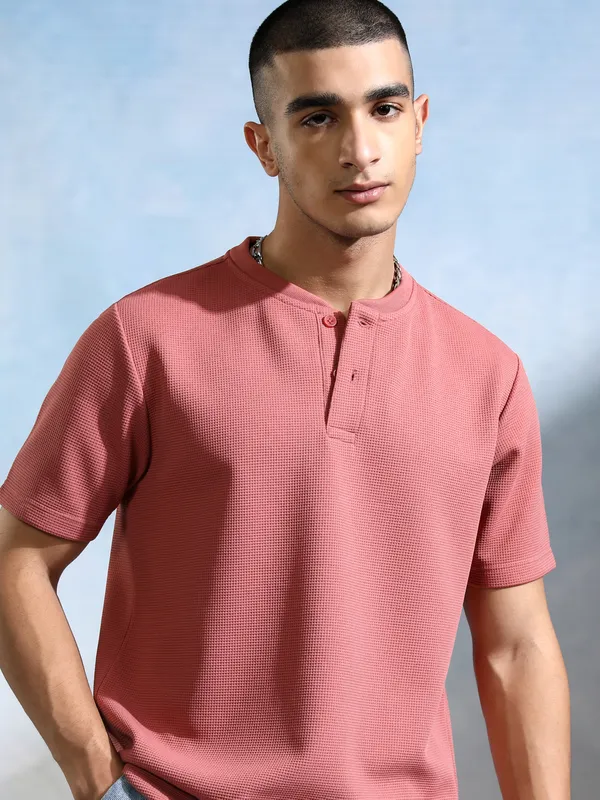 Highlander Men Peach Self Design Henley Neck T-Shirt