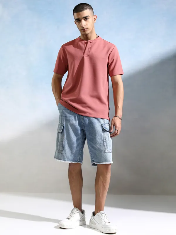 Highlander Men Peach Self Design Henley Neck T-Shirt