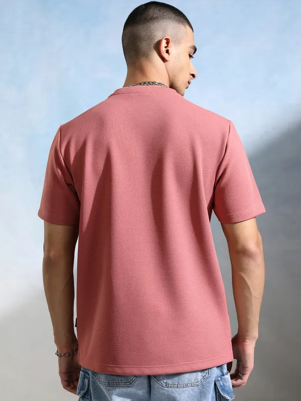 Highlander Men Peach Self Design Henley Neck T-Shirt