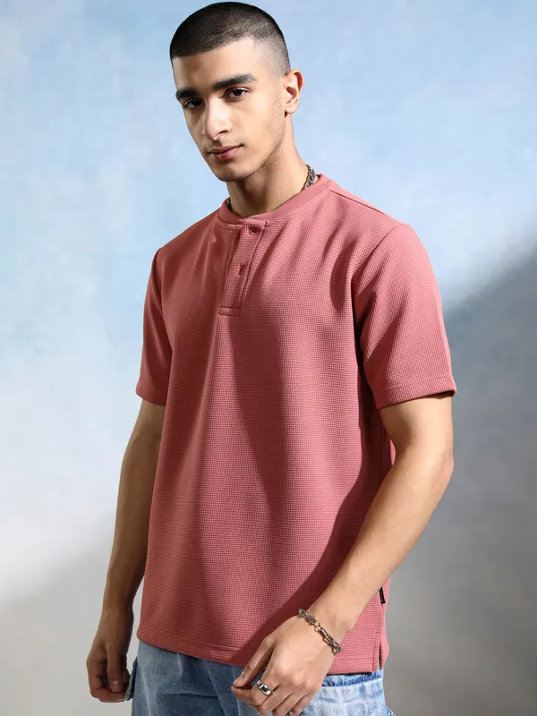 Highlander Men Peach Self Design Henley Neck T-Shirt