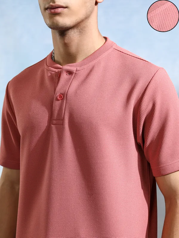 Highlander Men Peach Self Design Henley Neck T-Shirt