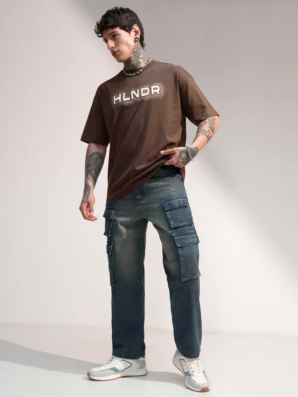 Highlander Men Brown Printed Round Neck Oversized Fit T-Shirt